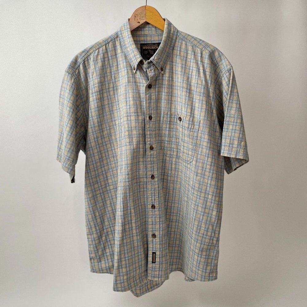 Men's Woolrich Plaid Short Sleeve Cotton Button Down Shirt Blue Yellow, Size XL